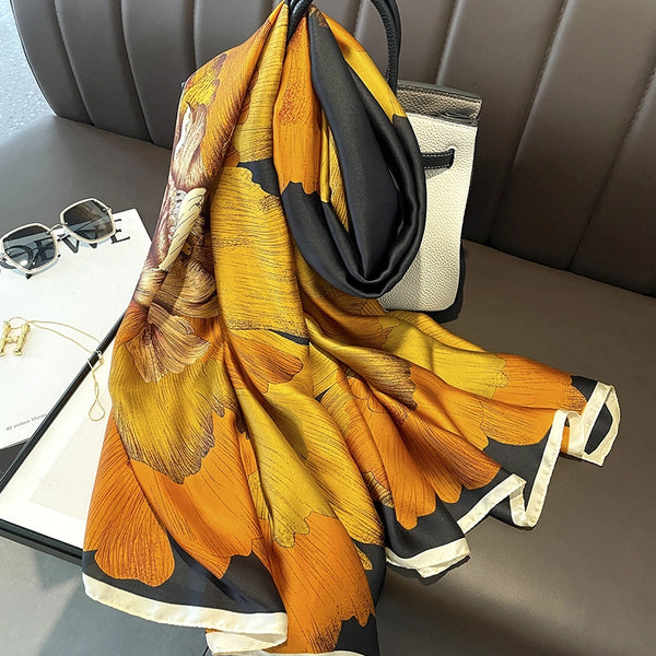 Women's Elegant Flower Satin Printing Silk Scarves