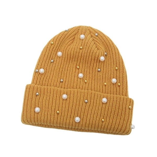 Women's Elegant Lady Solid Color Pearl Eaveless Wool Cap