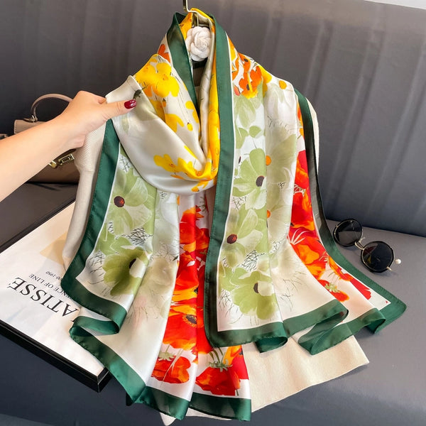 Women's Elegant Tree Flower Chains Print Satin Printing Silk Scarf