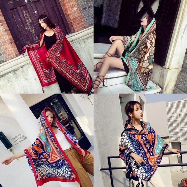 Women's Ethnic Style Flower Thick Twill Cotton Printing Shawl