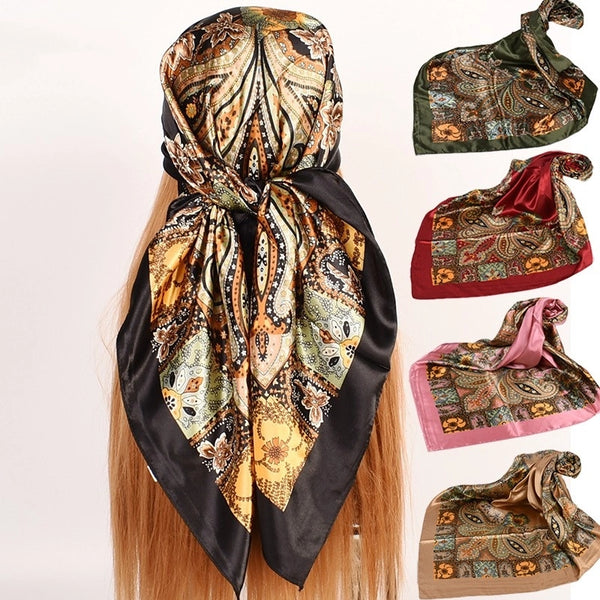 Women's Fashion Flower Satin Printing Silk Scarves