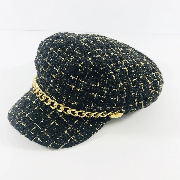 Women's Fashion Plaid Chain Curved Eaves Beret Hat