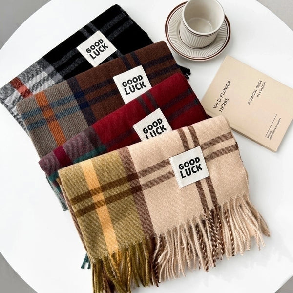 Women's Fashion Simple Style Plaid Polyester Tassel Scarf