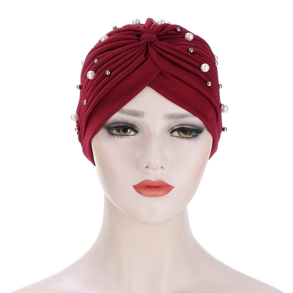 Women's Fashion Solid Color Pearl Eaveless Beanie Hat