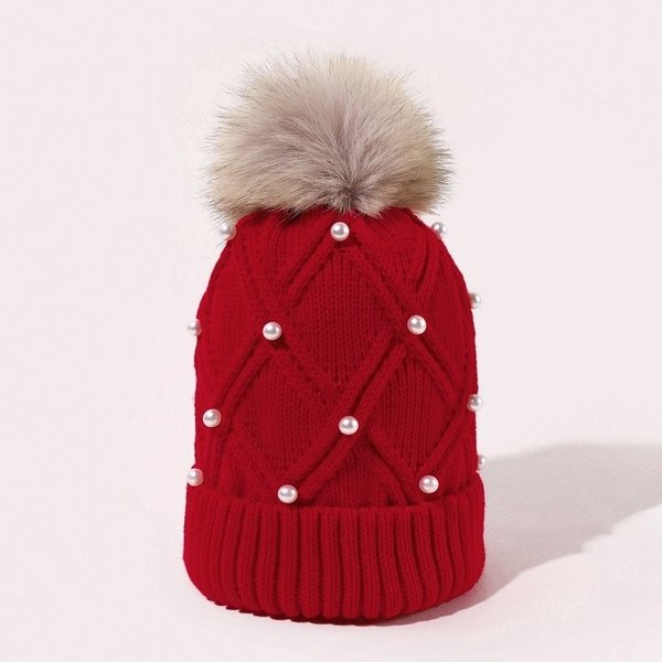 Women's Fashion Solid Color Pom Poms Pearl Crimping Wool Cap